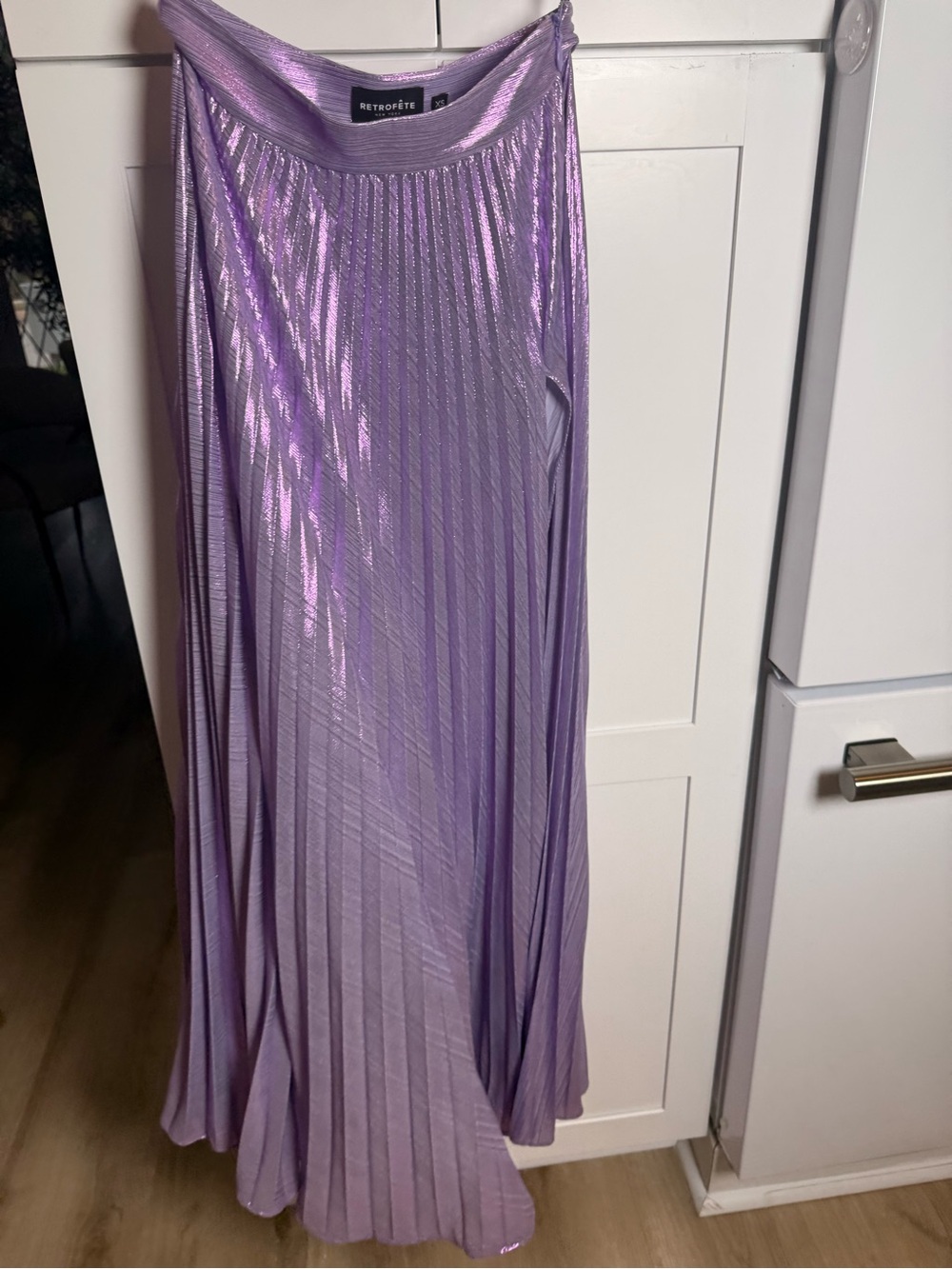 Retrofete Metallic Lavender Pleated Maxi Skirt with High Slit HEMMED 3 inches - Picture 5 of 7